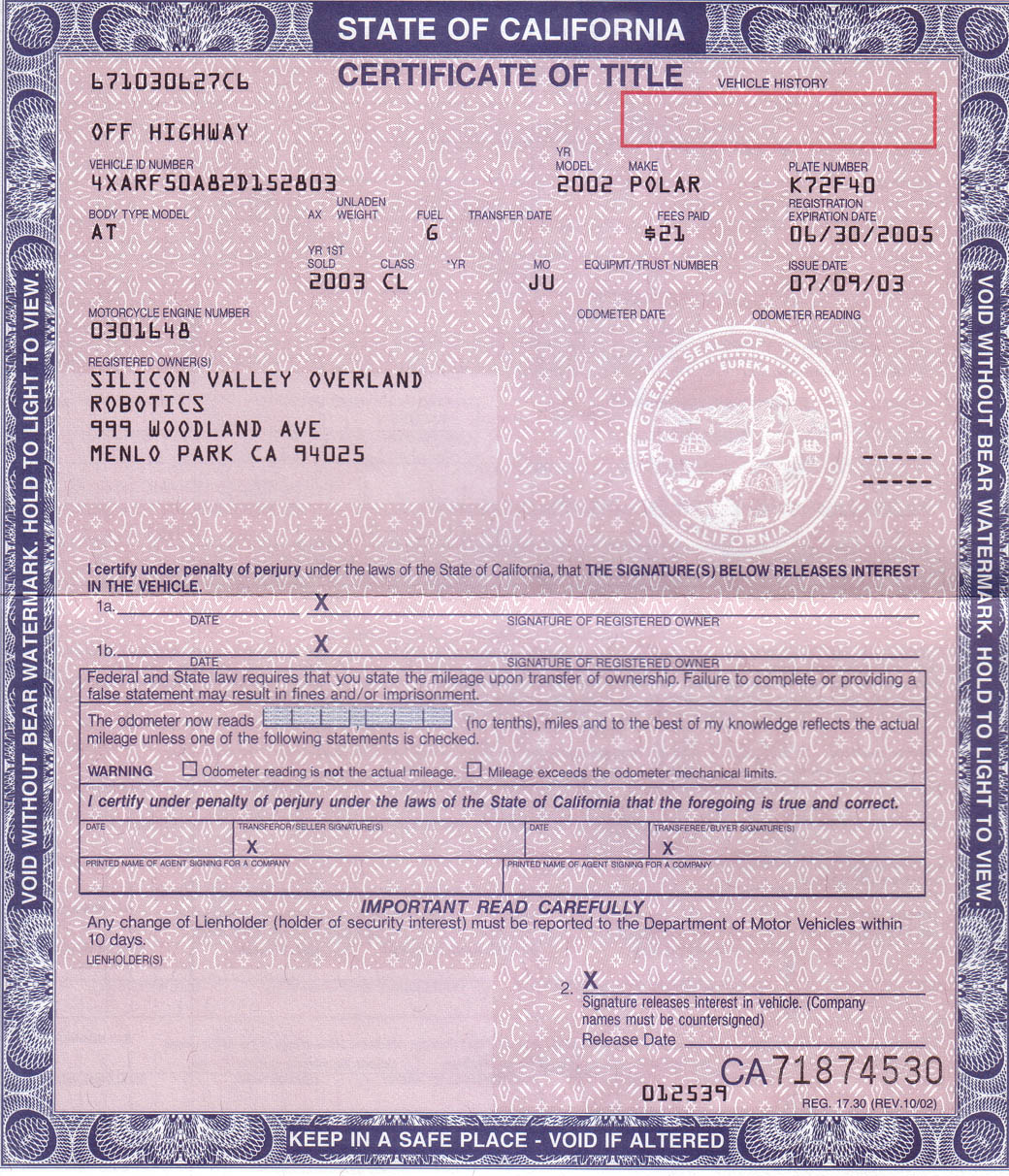 Example of a car title